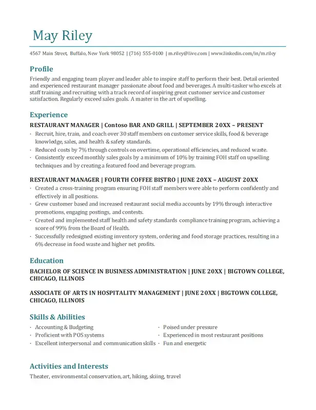 Restaurant manager resume template