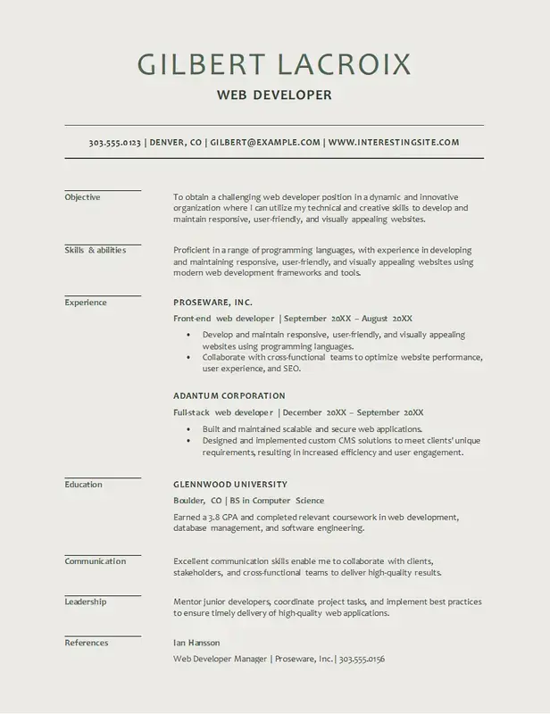 Modern web developer resume template